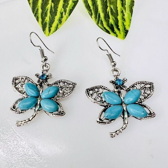 Dragonfly Teal Blue Faux Turquoise Rhinestone Silver Tone Dangle Drop Earrings - Picture 2 of 7